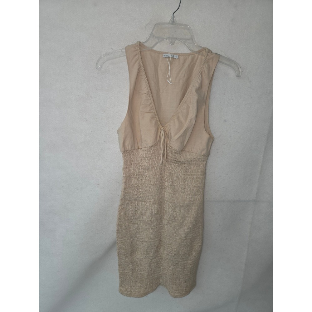 Bershka Womens XS Smocked Bodycon Mini Dress V-Neck Tie Front Beige Camel Linen